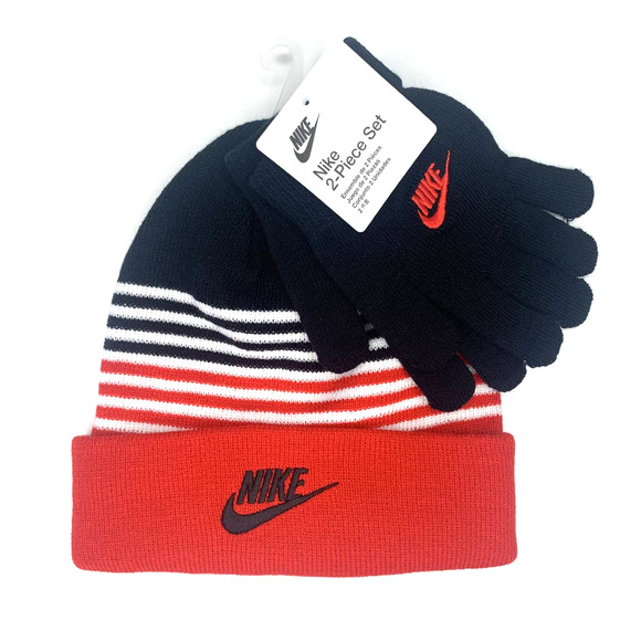 Nike Other - Nike Kids Striped Beanie and Gloves Set - Size: 8-20 - Red/Black/White - NWT